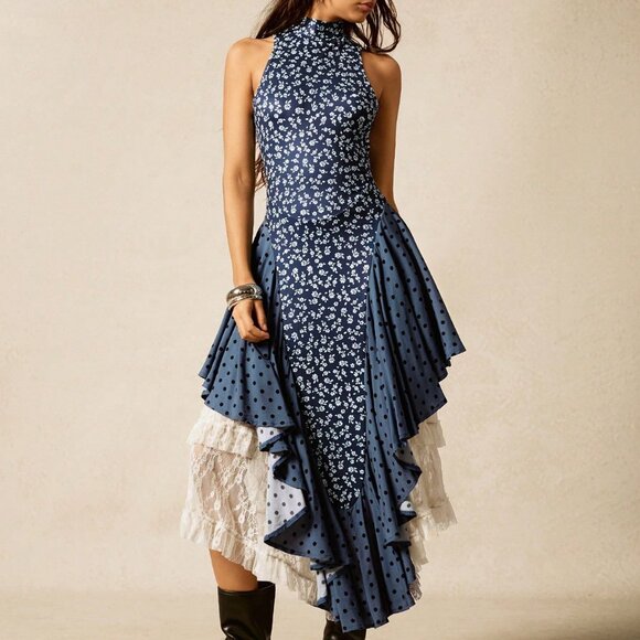 Boho Multicolor Women's Sexy Lace detail floral print Dress - Picture 7 of 8